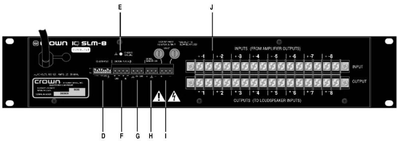 CROWN IC SLM-8 E J INPUTS (FROM AMPLIFIER OUTPUTS) + -1 + -2 + -3 + -4 + -5 + -6 + -7 + -8 + -1 + -2 + -3 + -4 + -5 + -6 + -7 + -8 OUTPUTS (TO LOUDSPEAKER INPUTS) CROWN ELECTRONICS CONFERENCE 0000 COLDOUT 100% OFF 0000 COLDOUT 100% OFF COLDOUT 100% OFF COLDOUT 100% OFF COLDOUT 100% OFF COLDOUT 100% OFF COLDOUT 100% OFF COLDOUT 100% OFF COLDOUT 100% OFF COLDOUT 100% OFF COLDOUT 100% OFF COLDOUT 100% OF TIP/TH SLAM BLD INFLEED COLDOUT 100% OFF COLDOUT 100% OFF COLDOUT 100% OFF COLDOUT 100% OFF COLDOUT 100% OFF COLDOUT 100% OFF COLDOUT 100% OFF COLDOUT 100% OFF COLDOUT 100% OFF COLDOUT 100% ON/OFF COLDOUT 100% ON/OFF COLDOUT 100% ON/OFF COLDOUT 100% ON/OFF COLDOUT 100% ON/OFF COLDOUT 100% ON/OFF COLDOUT 100% ON/OFF COLDOUT 100% ON/OFF COLDOUT 100% ON/OFF COLDUTS (FROM AMPLIFIER OUTPUTS) D F G H I