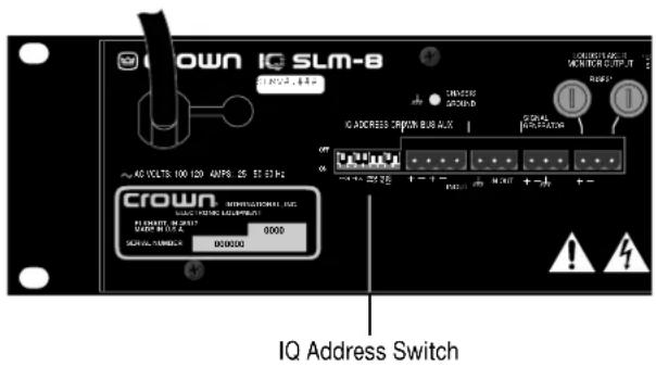 CROWN IG SLM-8 I/O 2.4.4.0 CANCREASE OUTPUT IG ADDRESS SWITCH BUE ALX GENERAL INNOVATION CROWN MINISTERIOR INC. MAX CONTROL OUTPUT 0000 SCHOOL NAME: 000000 IQ Address Switch