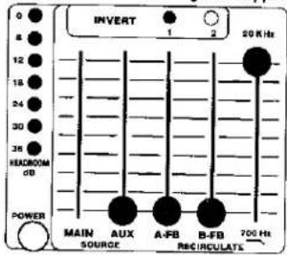INVERT 1 2 20 K Hz MAIN AUX A-FB B-FB 700 Hz SOURCE RECIRCULATE POWER