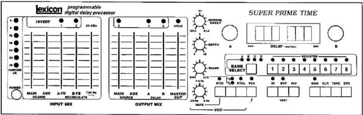 lexicon programmable digital delay processor INVERT 1 2 20 KHz MAIN AUX A-FB B-FB 700 Hz SOURCE RECIRCULATE POWER INPUT MIX OUTPUT MIX MAN MAIN AUX A B MASTER SOURCE OVL0 X1 MANUAL SWEEP XD3 XLS DEPTH D 10 A 400 DELAY - ms/sec 500 B SUPER PRIME TIME BANK SELECT 1 2 3 4 5 6 7 8 REGISTER X100 A L X TAL VCA DC BYP INV MAN CLR TAPE STO TEST JOS Hz 5 Hz RATE VCO VCO