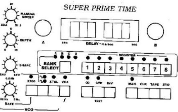 SUPER PRIME TIME X0.5 MANUAL SWEEP X1.5 DEPTH A B C D DELAY - ms/sec B E BANK SELECT 1 2 3 4 5 6 7 8 REGISTER GO BVP INV MAN CLR TAPE STO TEST VCO 0.5 Hz X100 XTAL VCA 06 Hz 5Hz RATE f