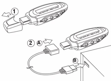 Diagram showing two connected devices labeled ① and ②, with arrows indicating connection points and a connector labeled B.