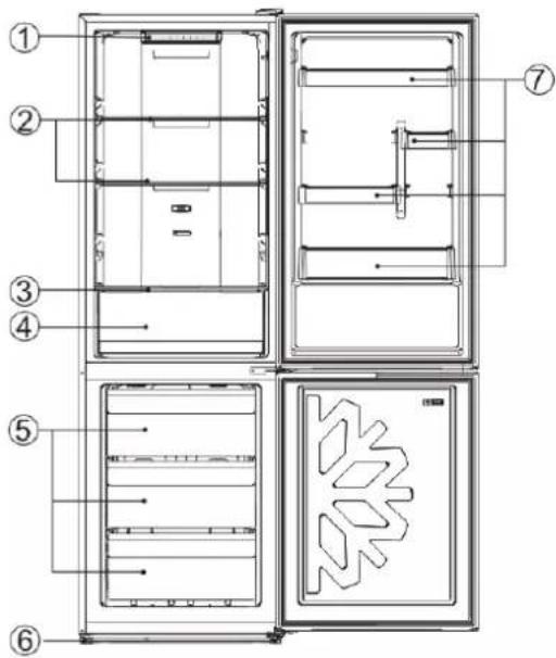 Technical diagram of a refrigerator with numbered components for identification and assembly reference.