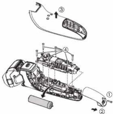 Technical diagram of a device's internal components with numbered parts and directional arrows indicating assembly or assembly steps.