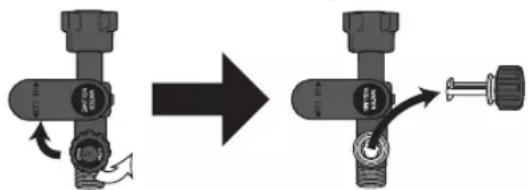 Diagram showing a mechanical device before and after adjustment, with directional arrows indicating motion or change.