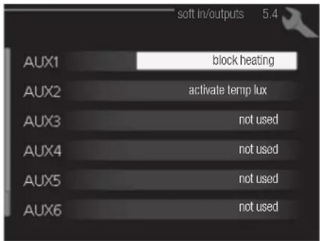 soft in/outputs 5.4 AUX1 block heating AUX2 activate temp lux AUX3 not used AUX4 not used AUX5 not used AUX6 not used