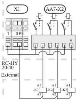 X1 1 0 PE AA7-X2 6 RC-IIY 20/40 External A1 A1 A1 -K1 -K2 -K3 A2 A2 A2