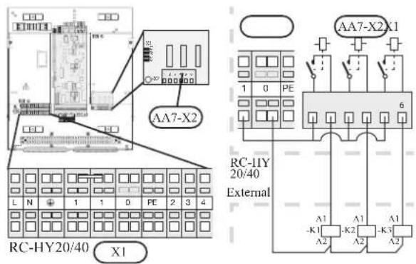 AA7-X2 L N 1 1 0 PE 2 3 4 RC-HY20/40 X1 AA7-X2X1 1 0 PE 6 RC-HY 20/40 External A1 A1 A1 -K1 -K2 -K3 A2 A2 A2