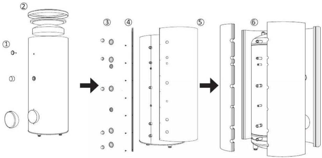 Technical diagram showing six sequential steps of a cylindrical device with internal components and component arrangements.