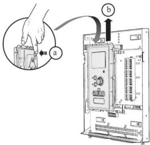 Diagram showing a hand inserting a device into a server rack, labeled with component 'a' and component 'b'