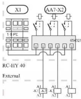 X1 AA7-X2 1 0 PE 654321 RC-HY 40 External A1 -K1 -K2 A2 A1 -K1 -K2 A2 A1 A2