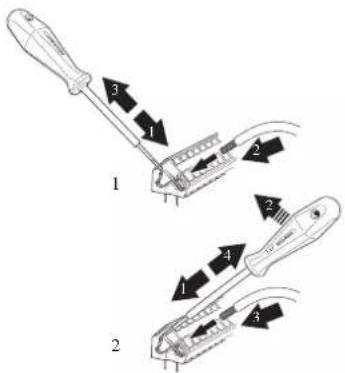 Diagram showing two types of screwdriver tool tips labeled 1 and 2, with numbered arrows indicating movement or assembly.
