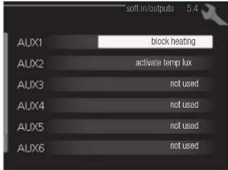 soft in/outputs 5.4 AUX1 block heating AUX2 activate temp lux AUX3 not used AUX4 not used AUX5 not used AUX6 not used