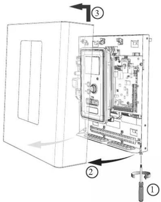 Technical diagram of an internal computer case with labeled parts and directional arrows indicating assembly or operation.