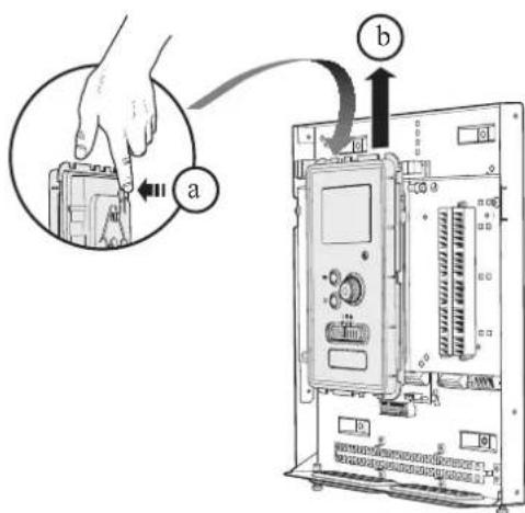 Diagram showing a hand inserting a device into an electrical enclosure labeled 'a' and 'b', with arrows indicating the process.