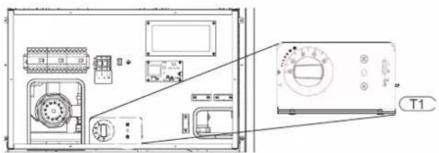Technical diagram of an electronic device with labeled components and a zoomed-in view showing measurement scale T1