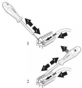 Diagram showing two different screwdriver tool configurations with numbered parts and directional arrows indicating movement.