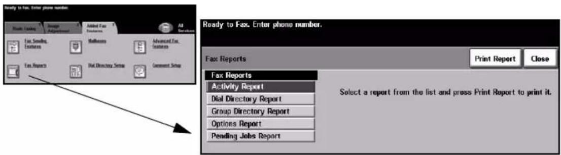 Ready to Fax. Enter phone number. Print Reports Addict Fax Fax Sending Features Mailroom Advanced Fax Features Fax Reports Mail Directory Setup Comment Setup Ready to Fax. Enter phone number. Fax Reports Print Report Close Fax Reports Activity Report Dial Directory Report Group Directory Report Options Report Pending Jobs Report Select a report from the list and press Print Report to print it.