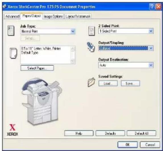 Xerox WorkCentre Pro 175 PS Document Properties Advanced Paper/Output Image Options Layout/Watemark Job Type: Normal Print Select... 8.5 x 11" Letter, White, Printer Default Type Select Paper... 2 Sided Print: 1 Sided Print Output/Stapling: Auto Output Destination: Auto Saved Settings: Load Save... Help Defaults Default All OK Cancel X XEROX