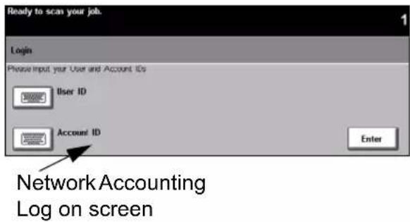Ready to scan your job. Login Please input your User and Account IDs User ID Account ID Enter Network Accounting Log on screen
