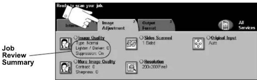 Ready to scan your job. Internet Image Adjustment Output Format All Services Job Review Summary Image Quality Type Normal Lighten / Darken: 0 Suppression On Sides Scanned 1 Sided Original Input Auto More Image Quality Contract: 0 Sharpness: 0 Resolution 200x200(Fine)