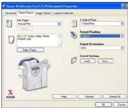 Xerox WorkCentre Pro 1.75 PS Document Properties Advanced Paper/Output Image Options Layout/Watermark Job Type: Normal Print Setup 83 x 11" Letter, White, Printer Default Type Select Paper 2 Sided Print 1 Sided Print Output/Stapling: Colored Output Destination: Auto Saved Settings: Load Save Help Defaults Default All OK Cancel XEROX