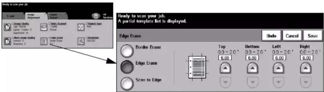 Ready to scan your job. A partial template list is displayed. Edge Erase Border Erase Edge Erase Scan to Edge Top 0.0 - 2.0 ° 0.00 Bottom 0.0 - 2.0 ° 0.00 Left 0.0 - 2.0 ° 0.00 Right 0.0 - 2.0 ° 0.00 Undo Cancel Save