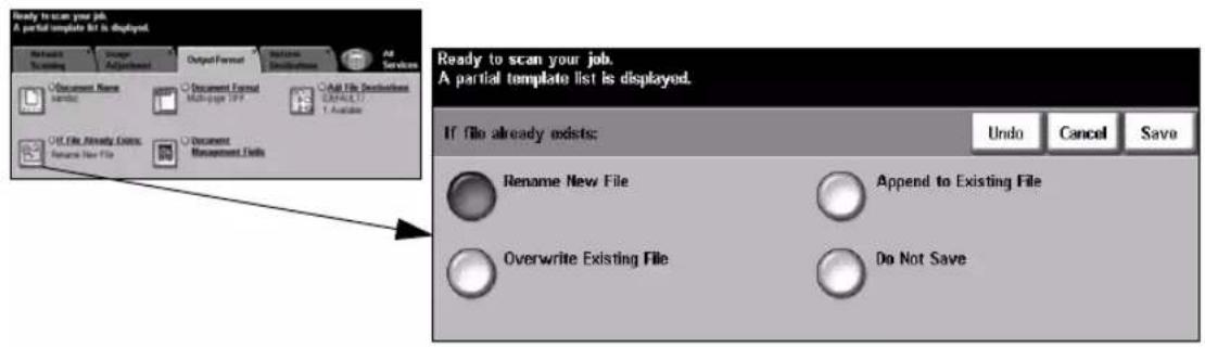 Ready to scan your job. A partial template list is displayed. Document Name Symbol Document Format Multi-page APP Add file destinations DEFAULT OK File, Ready Files Resource New File Document Management Tools Ready to scan your job. A partial template list is displayed. If file already exists: Rename New File Overwrite Existing File Undo Cancel Save Append to Existing File Do Not Save