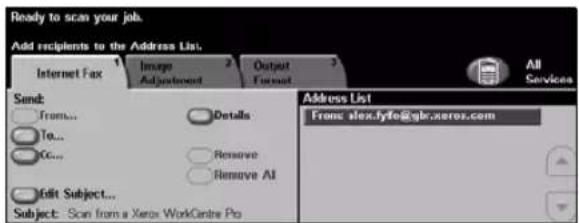 Ready to scan your job. Add recipients to the Address List. Internet Fax Image Adjustment Output Format All Services Send: From... To... Co... Edit Subject... Details Remove Remove AI Address List Front alex fyfe@glc.xeros.com Subject: Scan from a Xerox WorkCentre Pro