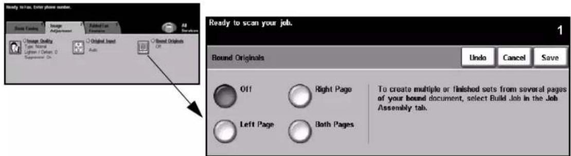 Ready to scan, Enter phone number. Book Ending Image Adjustment Add To Options All Image Quality Type: Normal Lighter / Deline: 0 Superciser: On Original Input Auto Bound Originals Off Ready to scan your job. Bound Originals Undo Cancel Save Off Right Page Left Page Both Pages To create multiple or finished sets from several pages of your bound document, select Build Job in the Job Assembly tab.