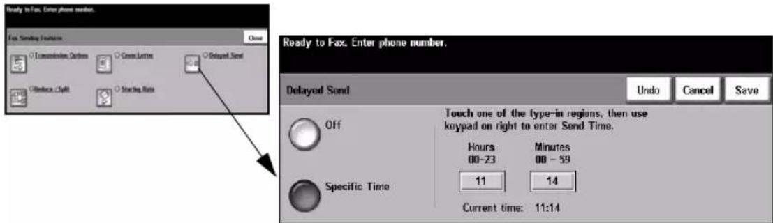 Ready to Fax. Enter phone number. Fax. Sending Features ○ Transmission, Connection ○ Cross-Letter ○ Delayed Send ○ Reduce /Split ○ Starting Rate Ready to Fax. Enter phone number. Delayed Send Undo Cancel Save Off Touch one of the type-in regions, then use koypad on right to enter Send Time. Hours Minutes 00-23 00 - 59 11 14 Specific Time Current time: 11:14