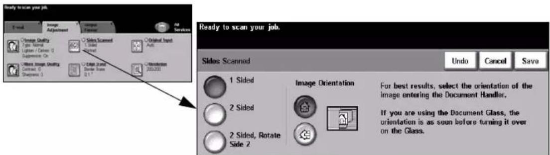 Ready to scan your job. Sides Scanned 1 Sided 2 Sided 2 Sided, Rotate Side 2 Original Input Auto Introduction 200.000 Sides Quality Type: Normal Lighter / Diameter: 0 Suppression On Other Image Quality Contract: 0 Sharpness: 0 Undo Cancel Save Ready to scan your job. Sides Scanned Image Orientation For best results, select the orientation of the image entering the Document Handler. If you are using the Document Glass, the orientation is as soon before turning it over on the Glass.