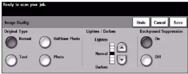 Ready to scan your job. Image Quality Undo Cancel Save Original Type Normal Haltone Photo Text Photo Lighten / Darken Lighten Normal Darken Background Suppression On Off
