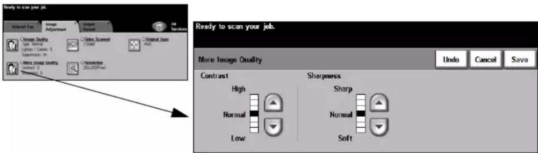 Ready to scan your job. Internet Fan Image Adjusted Target Control All Services Image Quality Type: Normal Lighting / Densin 0 Suppression 0 Image Quality Contract 0 Normal 0 Resolution 28x2007Prel Ready to scan your job. More Image Quality Contrast High Normal Low Sharpness Sharp Normal Soft Undo Cancel Save
