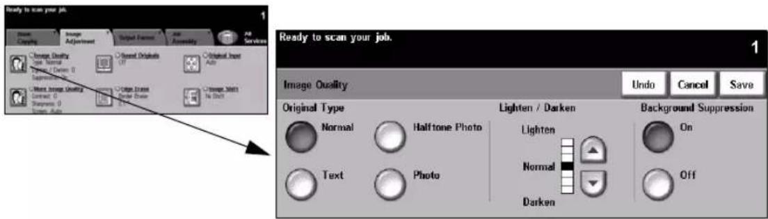 Ready to scan your job. Image Quality Original Type Normal Text Lighten / Darken Halftone Photo Photo Lighten Normal Darken Background Suppression Undo Cancel Save Ready to scan your job.