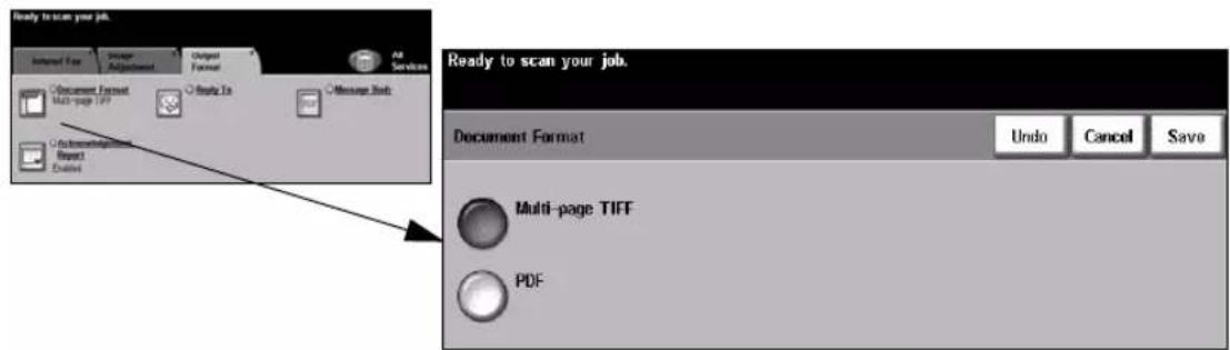 Ready to scan your job. Document Format Undo Cancel Save Multi-page TIFF PDF