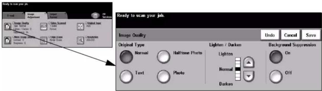 Ready to scan your job. Image Quality Type: Normal Lighten / Darken Normal Text Photo Lighten Normal Darken Undo Cancel Save Original Type Lighten / Darken Background Suppression On Off