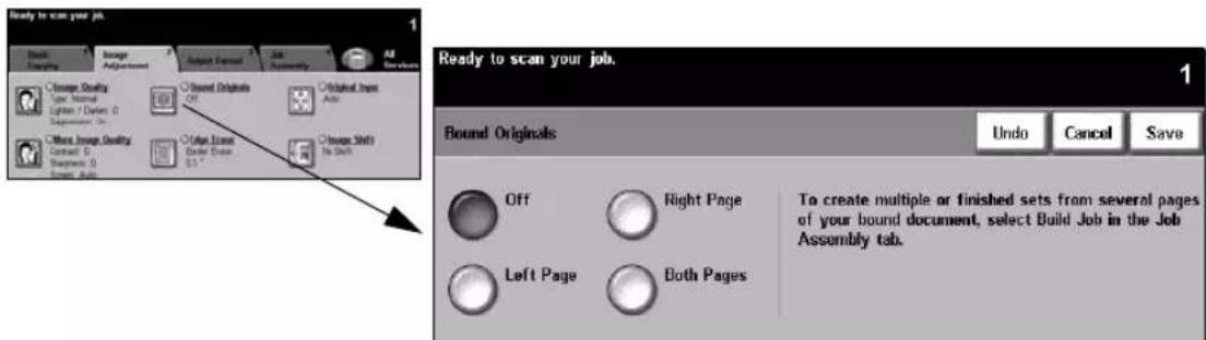 Ready to scan your job. 1 Back Scanning Image Adjustment Select Fromer Job Accessory All Search Image Quality Open Image Quality Auto Lighted / Dritten / D Impairment / D Close Image Quality Onset / Onset Order Draw Image Shift To Shift Image Tools Ready to scan your job. 1 Bound Originals Undo Cancel Save Off Right Page Left Page Both Pages To create multiple or finished sets from several pages of your bound document, select Build Job in the Job Assembly tab.