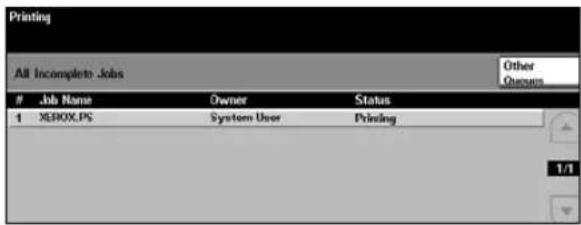 Printing All Incomplete Jobs Job Name Owner Status 1 XEBOX.PS System User Printing Other Queens 1/1