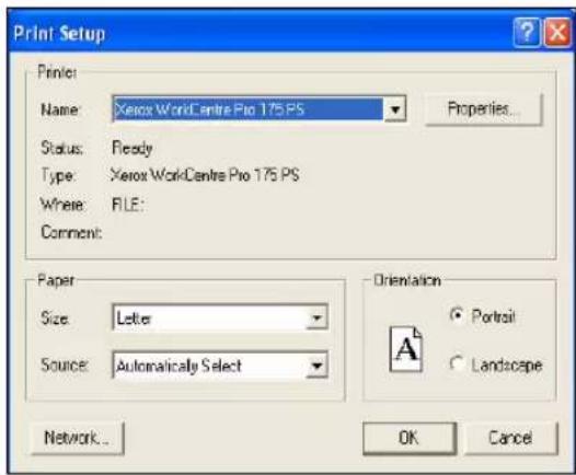 Print Setup Printer: Name: Xerox WorkCentre Pro 175 PS Status: Ready Type: Xerox WorkCentre Pro 175 PS Where: FILE: Comment: Paper Size: Letter Source: Automatically Select Orientation Portrait Landscape Network... OK Cancel
