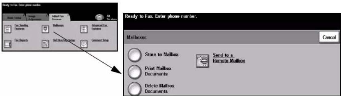 Ready to Fax. Enter phone number. Store Toiling Import Programs Added Fax Features Fax Sending Features Mailboxes Advanced Fax Features Fax Reports Not Existing Setup Comment Setup Ready to Fax. Enter phone number. Mailboxes Store to Mailbox Send to a Remote Mailbox Print Mailbox Documents Delete Mailbox Documents Cancel