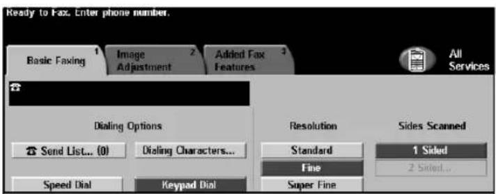 Ready to Fax. Enter phone number. Basic Faxing Image Adjustment Added Fax Features All Services Dialing Options Send List... (0) Dialing Characters... Speed Dial Keypad Dial Resolution Standard Fine Super Fine Sides Scanned 1 Sided 2 Sided...
