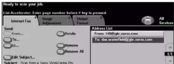 Ready to scan your job. List Accelerator: Enter page number before # key is pressed. Internet Fax 1 Image Adjustment 2 Output Format 3 All Services Send: From... To... Go... Edit Subject... Details Remove Remove All Address List From: 140@glx.xorox.com To: das.waterfield@glx.xorox.com 1/1 Subject: Scan from a Xerox WorkCentre Pro