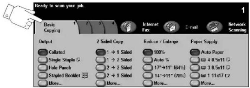 Ready to scan your job. Basic Copying 1 2 3 4 Internet Fax E-mail Network Scanning Output 2 Sided Copy Reduce / Enlarge Paper Supply Collated 1 → 1 Sided 100% Auto Paper Single Staple 1 → 2 Sided Auto % Hole Punch 2 → 2 Sided 17"→11" (64%) 4 8.5x11 Stapled Booklet 2 → 1 Sided 14"→11" (78%) 3 8.5x11 More... More... More... 1 11x17