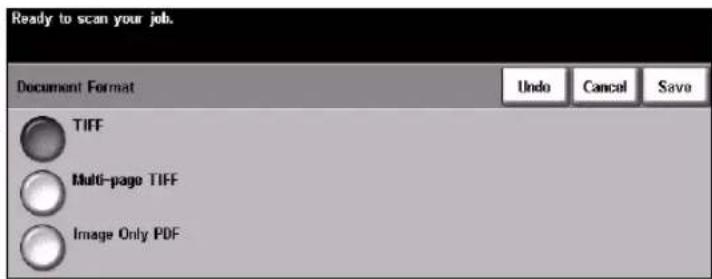 Ready to scan your job. Document Format Undo Cancel Save TIFF Multi-page TIFF Image Only PDF