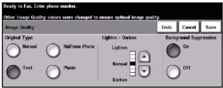 Ready to Fax. Enter phone number. Other Image Quality values were changed to ensure optimal image quality. Image Quality Undo Cancel Save Original Type Normal Half tone Photo Text Photo Lighten / Darken Lighten Normal Darken Background Suppression On Off