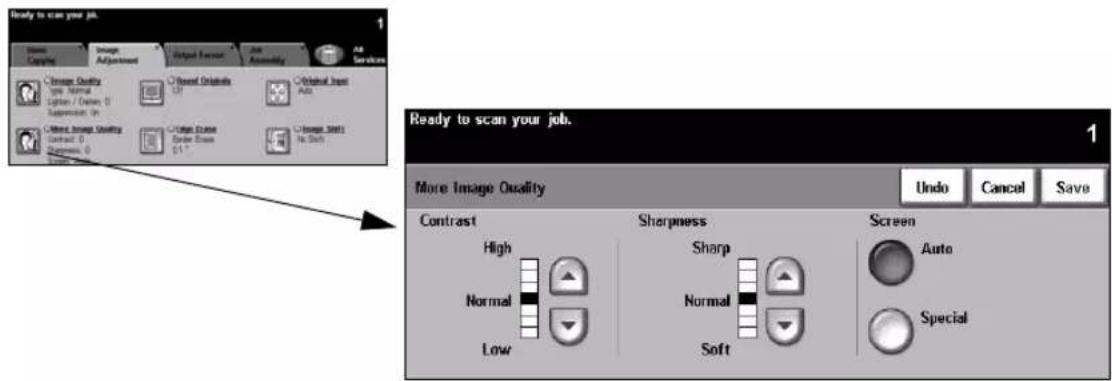 Ready to scan your job. Image Clamping Image Adjustment Output Format Auto Assembly Add Services Image Quality Type: Normal Option / Origin: 0 Subtraction: 0 Original Image Quality Contract: 0 Appearance: 0 Image Quality Order Box 1.1 Image Status No. Shift Ready to scan your job. More Image Quality Undo Cancel Save Contrast High Normal Low Sharpness Sharp Normal Soft Screen Auto Special