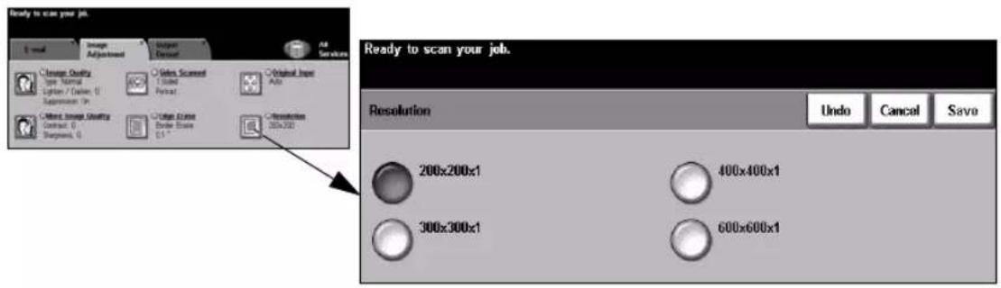 Ready to scan your job. E-mail Image Adjustment Import Adjust Insert AB Solutions Image Quality Type Normal Light / Dashed U Suppression U More Image Quality Contract U Projection U Open Screen Order Shape C1 ° Resolution 300x200 Ready to scan your job. Resolution Undo Cancel Save 200x200x1 400x400x1 300x300x1 600x600x1