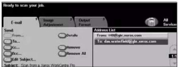 Ready to scan your jobs. E-mail 1 Image Adjustment 2 Output Format 3 All Service Send: From... To... Occ... Edit Subject... Details Remove Remove All Address List From: 440@glr.xarox.com Fax: dax.waterfield@glr.xarox.com Subject: Scan from a Xerox WorkCentre Pro