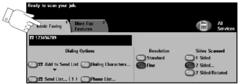 Ready to scan your job. Basic Faxing 1 More Fax Features All Services 123456789 Dialing Options Add to Send List Dialing Characters... Send List... (1) Phone List... Resolution Standard Fine Sides Scanned 1 Sided 2 Sided... 2 Sided/Rotated